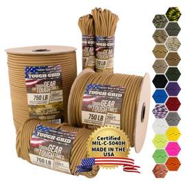 TOUGH-GRID 750 Paracord Military Grade Nylon Rope - Type IV Mil-Spec Made in USA - 50 Ft Grizzly Brown Tactical Survival Cord