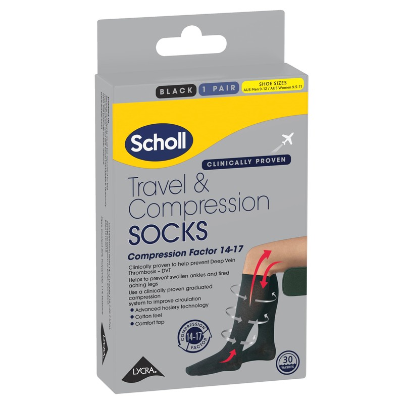 Scholl Flight Socks Compression Hosiery Black M9-12, 1 Count