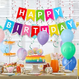 Rainbow Happy Birthday Banner, Birthday Decorations with Metallic Hanging Swirl, Birthday Sign for Backdrop Party Decor, Bunting Banner