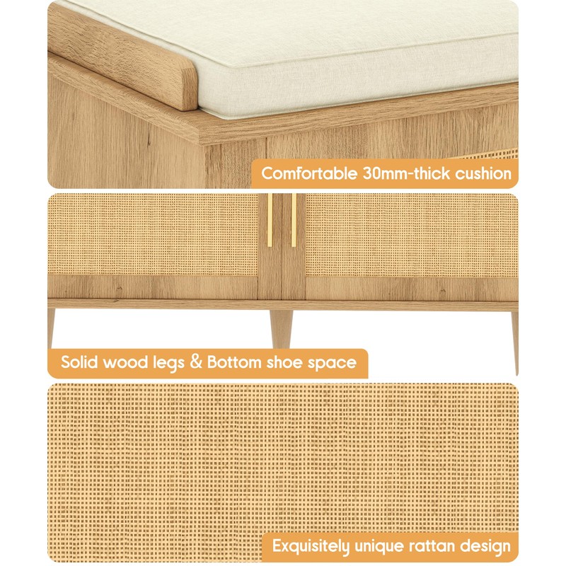 Akxomel Rattan Shoe Storage Bench with Cushion, 2-Tier Entryway Bench