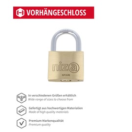 Gedotec Padlock | 50 mm | with 2 Keys | Polished Brass | NIZA | Lock for Cellar & Garden Gate | Hardened Steel Shackle | Lock with Key | Padlock Outdoor/Indoor