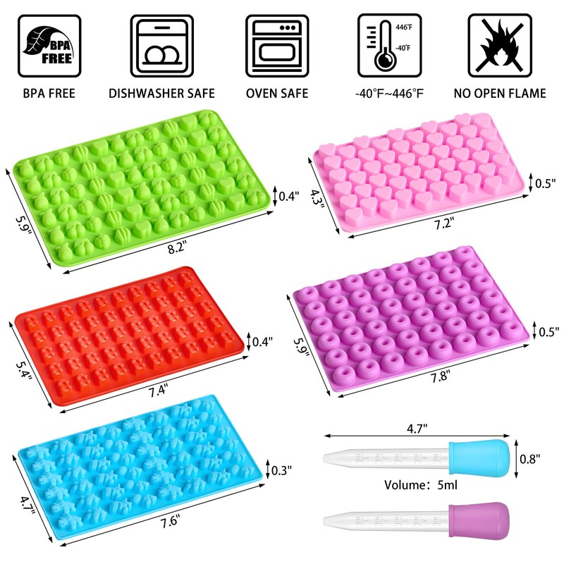 5 Pcs Mini Gummy Candy Molds with 2 Dropper, Silicone