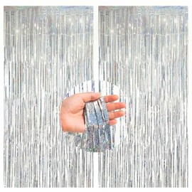 2 Piece Silver Glitter Foil Curtain Backdrop(1m x 2.5m),Sparkle Foil Fringe Tinsel Curtain for Photo Background/Birthday/Wedding/New Year's Party Decoration