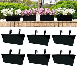LaLaGreen Rail Planters (6 Pack, 14 Inch) Black Metal Rectangle Strawberry Window Boxes Outdoor Balcony Deck Railing Fence Hanging Flower Herb Pot with Detachable Hook Patio Porch Farmhouse Minimalist