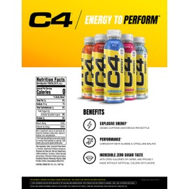 Cellucor C4 Energy Non-Carbonated Zero Sugar Energy Drink, Pre Workout Drink + Beta Alanine - Fruit Punch - 12 FL OZ (355 ml) - Pack of 12