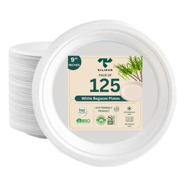 Tilipan 100% Compostable 9 Inches Plate [125-Pack] - Heavy Duty, Eco-Friendly, Biodegradable Sugarcane Bagasse, White Disposable Plates, Compostable plates, Small paper plates.