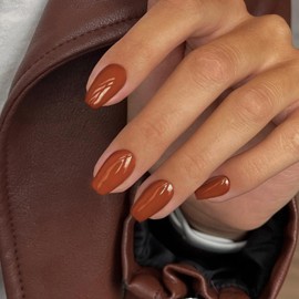 XCREANDO Caramel Short Coffin Press on Nails Medium Coffin Nails Press ons, Glue on Nails Short Fake Nails for Women, Ballerina T Shape Acrylic False Nail Natural Handmade Gel Medium Square Nail