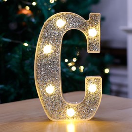 Marquee Light Up Letters, Glitter Silver LED Letter Lights Battery Powered Alphabet Letter Sign for Night Light Wedding Birthday Party Cafe Bar Decoration Girls Room Decor - Letter C