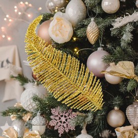 Shining She 6PCS Christmas Glitter Feathers, Artificial Feather Christmas Tree Decoration, Christmas Tree Baubles Xmas Home Decorations, Gold