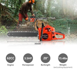 COOCHEER Gas Chainsaw Powered 62CC, 3.5-HP 2-Cycle Gas Chainsaw 20 Inch with Tool Kit & Carrying Bag, Gas Weed Eater for Trees Cutting and Trimming, Orange Red