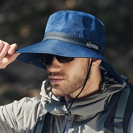 Outdoor Sun Hat with Wide Brim for Men - UPF 50+ UV Protection, Waterproof and Breathable Fishing Cap, Foldable Summer Hat for Outdoor Activities and Travel - Color: Blue