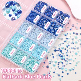 15000 Pcs Blue Flatback Pearls for Crafting, Assorted Size 3/4/ 6mm Half Pearls Bedazzling ABS Pearl Beads Gems for Nails Art DIY Crafts Face Makeup with Pickup Pencil Tweezer