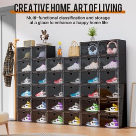 KEFA XL Shoe Storage Box Organizer, 8 Pack Shoe Boxes Clear Plastic Stackable, Sneaker Display Case Container Fit for US 13 (Side 8 PACK BLACK)