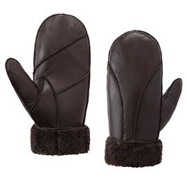 MGGMOKAY Women Leather Mittens Shearling Sheepskin Fur Lined Winter Mitten Gloves,Brown,S