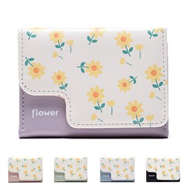 LZSXDWXY Girls Women Purse Tri-Fold Flowers Purse Cash Pocket Flowers Print Card Holder Coin Purse with ID Window Elegant Youth and Cute, A-purple, Contemporary