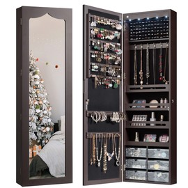NAFORT 5 LEDs Jewelry Armoire, Wall or Door Mounted Jewelry Cabinet with Mirror, Jewelry Organizer with Wooden Mirror Frame, Mirrored Storage with 4 Shelves and 6 Acrylic Draws, Brown