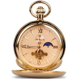 Tiong Vintage Mechanical Pocket Watch with Chain Double Hunter Unique Tourbillon Moon Phase Analog Steampunk Men Pocket Watch