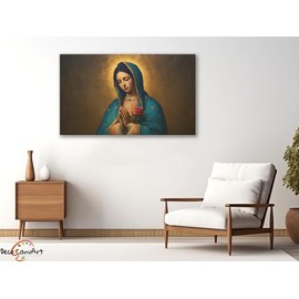 Cuadro Decorativo de la Virgen, Arte Religioso Mexicano Contemporáneo en Lienzo Canvas, Turquesa y Dorado, Decoracion de Pared para sala, comedor, Igl
