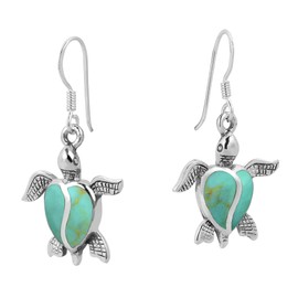 Love Life Sea Turtle Heart Simulated Green Turquoise .925 Sterling Silver Dangle Earrings
