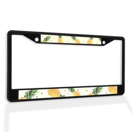 Metal Insert License Plate Frame Yellow Pineapple Fruit Fabric Print Weatherproof Car Accessories Black 2 Holes Solid Insert