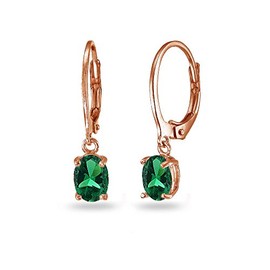 Rose Gold Flashed Sterling Silver Created Emerald 7x5mm Oval Leverback Dangle Earrings for Women