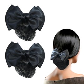 NNI-003 Ribbon Barrette, Set of 2 with Bun Net, Satin, Glossy, Black, Hair Clip, Large Ribbon, Hair Ornament, Simple, Formal, Office, Ceremonial Occasions, Hospitality, Sparkling and Puffy Round