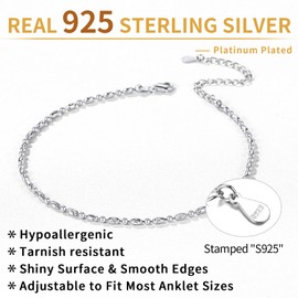 ChicSilver 925 Sterling Silver Ankle Bracelets for Women 2mm Simple Thin Oval and Round Bead Ball Chain Anklet Minimalist Beach Foot Jewelry 8 9 10 inch