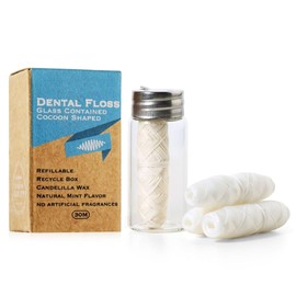 Zahnseide Nachfüllpackungen aus natürlicher Seide (3 x 30 m) | biologisch abbaubar, plastikfrei und vegan | Mint Candelilla Wax | Zero Waste Kit mit Glashalter & nachfüllbarem Behälter |