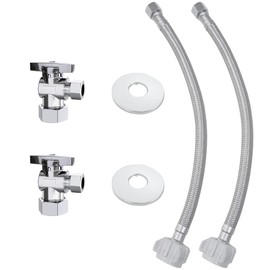 VINTEX 2 Pack Complete Toilet Set Valve，1/2 in. NOM Inlet x 3/8 in. OD Compression Outlet Angle Shut Off Valve，12" Length Long 3/8" COMP x 7/8" BC Toilet Connector Hose and Escutcheon Plate