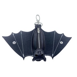 ASTRULUME Leather Bat Coin Purse with Zippered Keychain, Handmade Gothic Hanging Bat Wallet Coin Pouch with Folding Wings