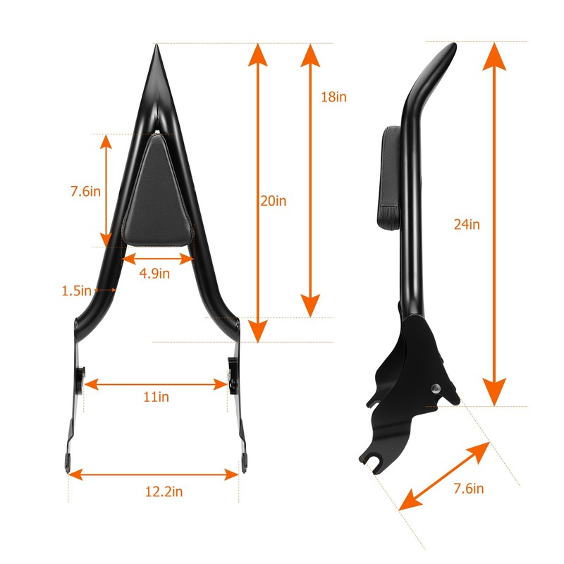 24" Motorcycle Sissy Bar for Harley, Integrated Passenger Backrest compatible