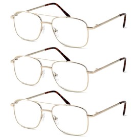 Calabria 8151 3 Pack Pilot Metal Reading Glasses +2.00 Gold Men Women Designer Classic Trendy Readers Stylish Chic Eyeglass