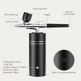 Airbrush Kit with Compressor 30PSI Portable Airbrush Gun Rechargeable Handheld Cordless Air Brush for Nails Art, Painting, Cake Decor, Cookie, Mode, Makeup, Barber (Black)