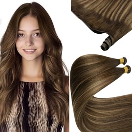 Sunny Hair Genius Weft Real Hair Extensions Balayage Hand Tied Medium Brown Mixed Caramel Blonde Sew In Weft Extensions Remy Hair for Salon Professionals 16inch