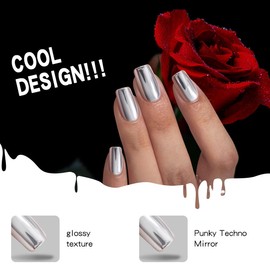 Yivaiks Press on Nails Medium French Tip Nails for Women Stick on Nails Acrylic Nails Press Ons Glossy Artificial Nails Stick on Nails Long Nails Kit 24pcs（2409-FX-Mirror Silver）