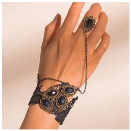 Allereya Vintage Punk Lace Finger Ring Bracelet Black Crystal Slave Bracelet Hollow Lace Bracelet Layered Oval Gemstone Crystal Hand Harness Jewelry for Women and Girls (Style 2), Crystal