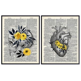 Vintage Floral Heart, Skull, Dictionary Wall Art Set - 8x10 Photo Picture - Shabby Chic Gift for Dr, Doctor, Nurse, PA, Med Student - Home, Wall or Room Decor, Decoration for Medical Clinic, Office