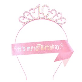 Set Fascia e Corona Compleanno per Ragazza 10 Anni, Accessori Feste Compleanno Eleganti Rosa, Decorazioni Foto e Party, Corona con Cristalli Glitter, Regalo Bambina, Idea Compleanno