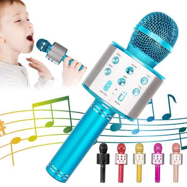 KIDWILL Wireless Bluetooth Karaoke Microphone for Kids, 5-in-1 Portable Handheld Karaoke Mic Speaker Player Recorder with Adjustable Remix FM Radio for Kids Girls Boys Teens Birthday (858-Blue)