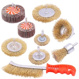 Swpeet 9 Pieces Brass Coated Wire Brush Wheel Cup Brush Set with 80 Grit Sanding Flap Wheel Kit, Coated Wire Drill Brush Set with 1/4 Inch Shank Perfect for Removal