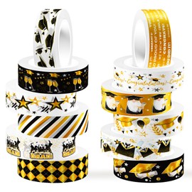 12 Rolls Graduation Washi Tape Set, Gold Foil Congratulations Graduation Masking Tapes, Black Gold Star Grad Cap Decorative Sticker Tape for Graduation Scrapbook DIY Crafts Gift Packaging 16.4FT