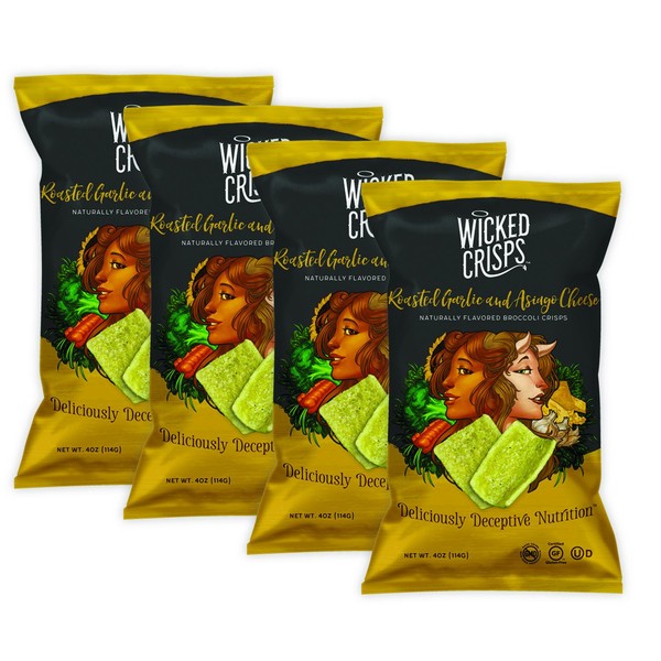 Baked Veggie Chips, Wicked Crisps - Roasted Garlic and Asiago Cheese Broccoli Crisps, Healthy Snack, Crunchy Gourmet Savory Crisps, No Additives or Preservatives, Gluten Free, Low-Fat, Kosher, Non-GMO, 4oz party-size bag (4 pack)