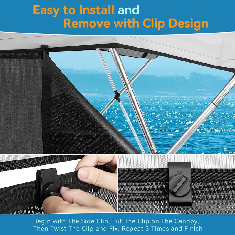 Detachable Clip in Bimini Top Mesh Sidewalls, Boat Sun Shade