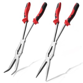 LEONTOOL 2 Piece Double Joint Long Nose Pliers Set, 13 Inch, Straight and 45 Degree Bent, Extra Long Nose Pliers with Serrated Jaw, Long Reach for Hard to Reach Narrow Spaces