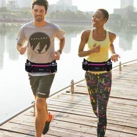 Running Waist Belt with Water Bottles (2 x 175ML), Hydration Belt Waterproof, Running Waist Packs Fits iPhones, Adjustable Sports Waist Pouch for Marathon Running Hiking Cycling (Rose Red)