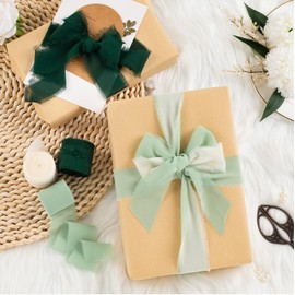 Flyhill 3 Rolls Fringe Chiffon Silk Ribbon,1.5" x 21Yd (3 Rolls *7Yd) for Gifts Wrapping,Wedding Invitations,Bouquets,Decorations,Craft-Green,White,Dark Green