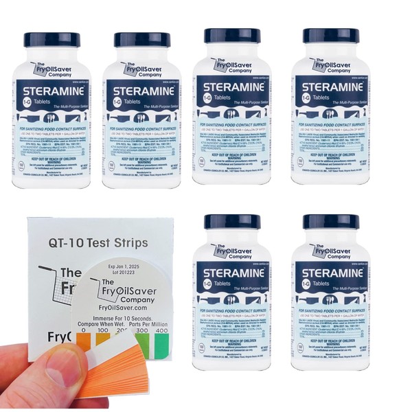 FryOilSaver Co. Sanitizing Kit, Steramine Sanitizing Tablets and QT-10 Test Strips. 1G-QT-10, 800 Tablets, (Pack of 6 Bottles and 30 Test Strips)