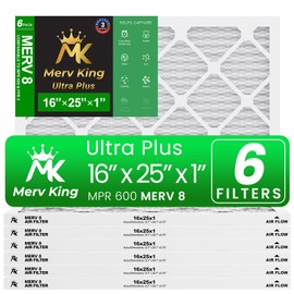 MervKing 16x25x1 Air Filter | MERV 8 | MPR 600-700 Ultra Plus | 6-Pack | Pleated HVAC AC Furnace Replacement Air Filters | Actual Size: 15.7" x 24.7" x 0.75"
