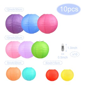 LIHAO 10PCS Colorful Paper Lanterns with Lights, Multicolor Chinese Lanterns Hanging Paper Lanterns for Party Decorations Wedding Birthday Classroom DIY Crafts(Size of 6'' 8'' 10'' 12'')