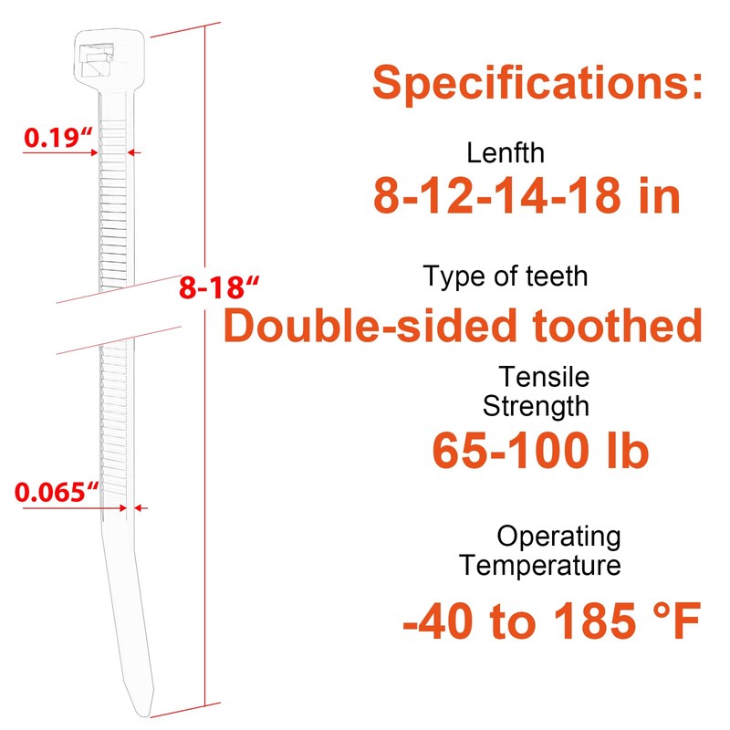 Zip Ties Assorted Size,8+12+14+18 Inch Double Sided Toothed,100 LBS Tensile
